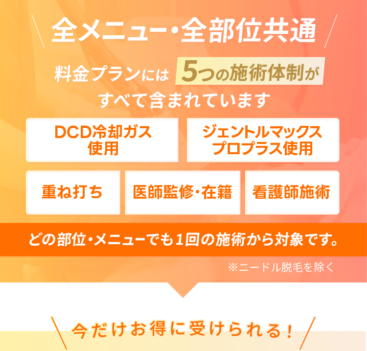 全メニュー・全部位共通 料金プランには5つの施術体制がすべて含まれています