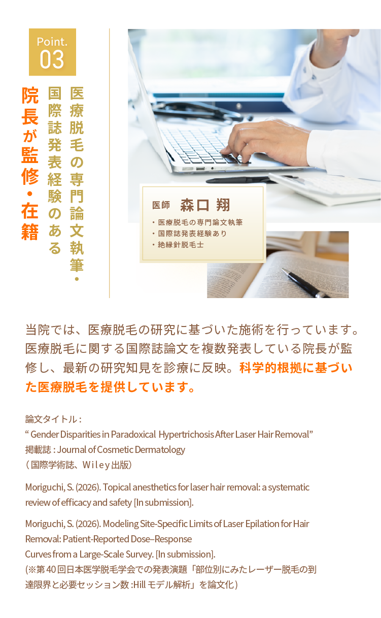 医療脱毛の専門論文執筆・国際誌発表経験のある院長が監修・在籍
